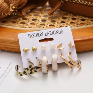 6-Pair Pearl Heart Leopard Geometric Earrings for Women