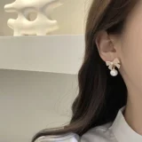 Gold Pearl Bow Earrings | Elegant Ribbon Pearl Earrings