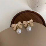 Gold Pearl Bow Earrings | Elegant Ribbon Pearl Earrings