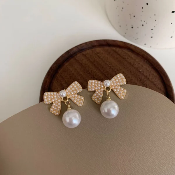 Gold Pearl Bow Earrings | Elegant Ribbon Pearl Earrings