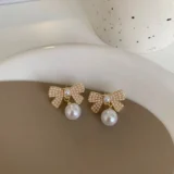 Gold Pearl Bow Earrings | Elegant Ribbon Pearl Earrings