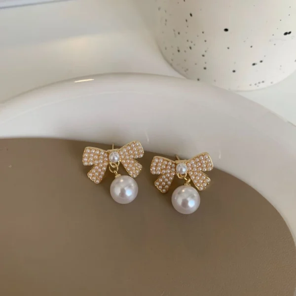 Gold Pearl Bow Earrings | Elegant Ribbon Pearl Earrings