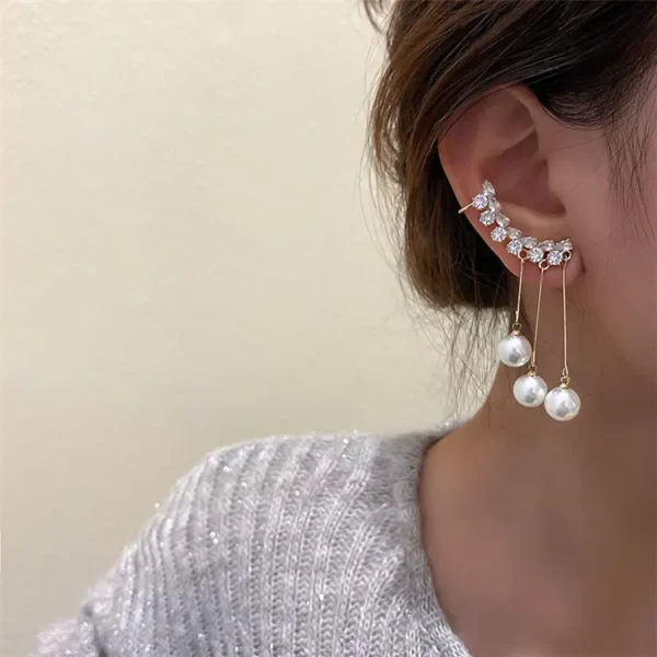 Rhinestone Tassel Pearl Ear Clip Earrings | Asymmetric Design
