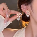 Ribbon Rhinestone Pearl Stud Earrings | Elegant Glamorous