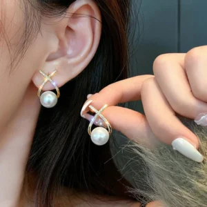 Ribbon Rhinestone Pearl Stud Earrings | Glamorous