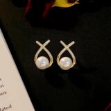 Ribbon Rhinestone Pearl Stud Earrings | Glamorous