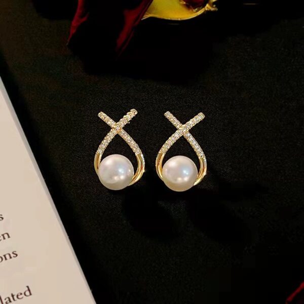 Ribbon Rhinestone Pearl Stud Earrings | Glamorous